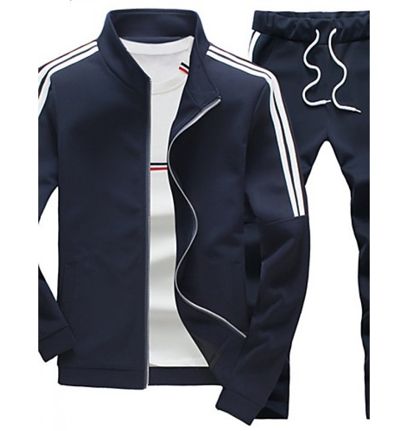 Men's Striped Casual / Plus Size Set,Polyester / Spandex Long Sleeve Black / Blue
