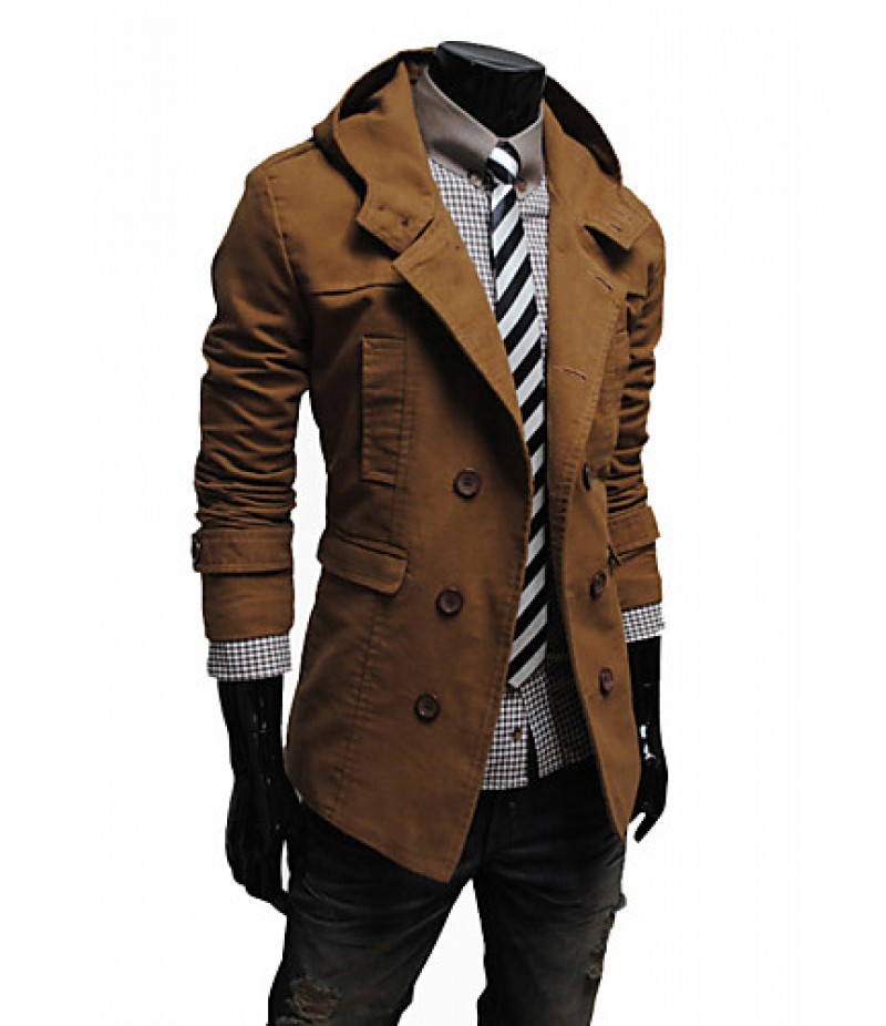 Men's Solid Casual Trench coat,Cotton Blend Long Sleeve-Black / Brown / Yellow / Tan