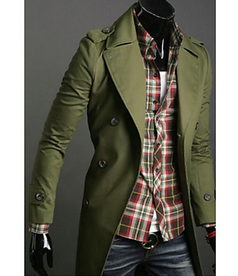 Men's Solid Casual Trench coat,Cotton Long Sleeve-Black / Green / White