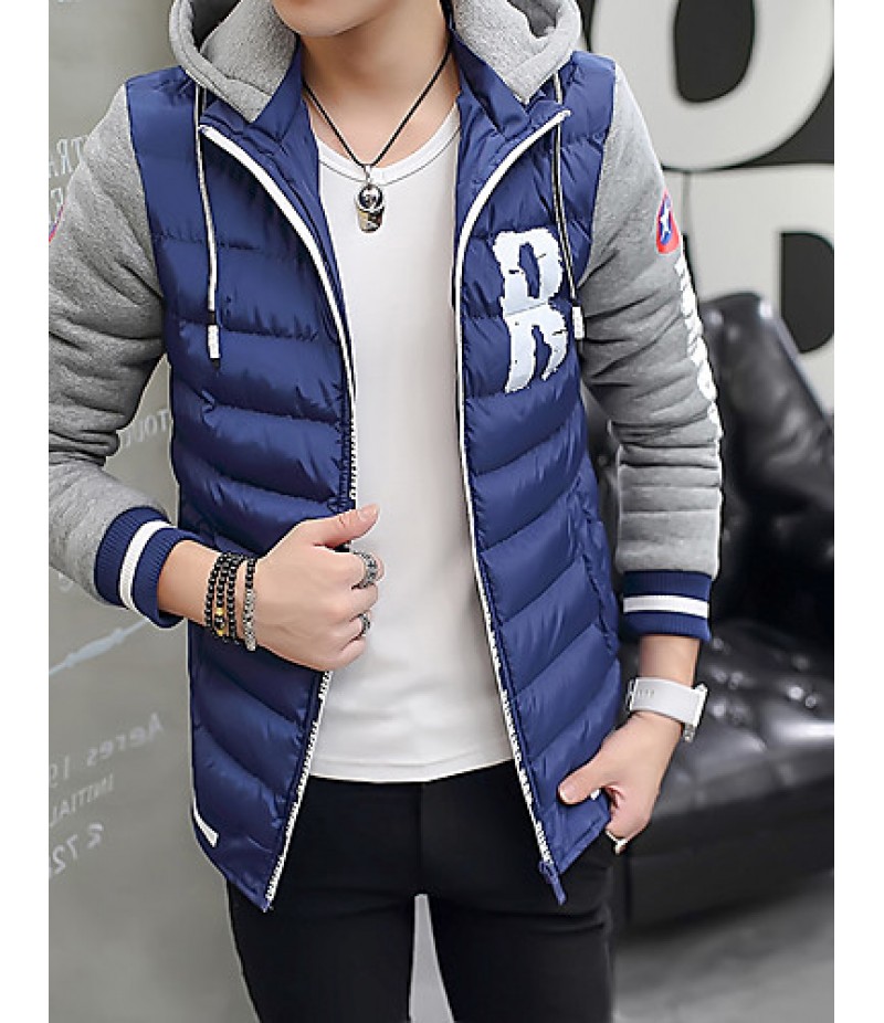 Men's Regular Padded CoatPlus Size / Sports Solid / Color Block / Letter-Cotton / Polyester Polypropylene Long Sleeve Slim Warm Thick