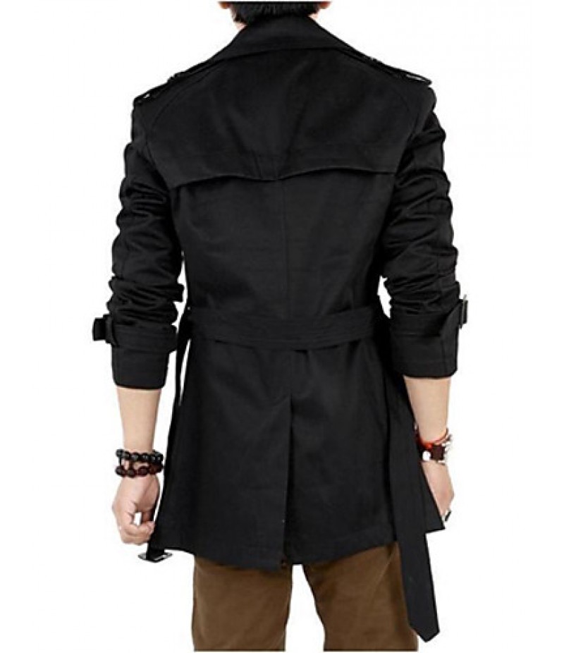 Men's Plus Size / Casual/Daily Simple Trench Coat,Solid Long Sleeve Black Polyester