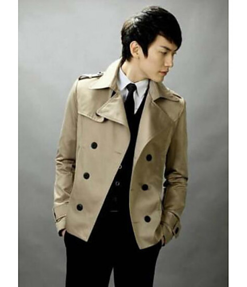 Men's Casual/Daily Simple Trench Coat,Solid Shirt Collar Long Sleeve Fall / Winter Beige / Black Cotton Medium