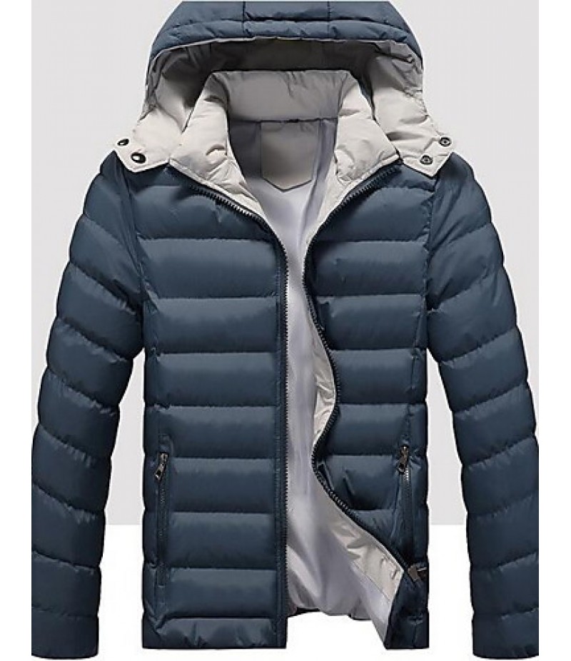 Men's Regular Padded Coat,Simple Casual/Daily Solid-Cotton / Polyester Polypropylene Long Sleeve Hooded Blue / Red / Black / Green