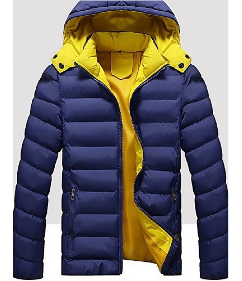 Men's Regular Padded Coat,Simple Casual/Daily Solid-Cotton / Polyester Polypropylene Long Sleeve Hooded Blue / Red / Black / Green