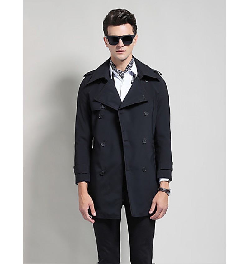 Men's Solid Casual / Work Trench coat,Cotton / Polyester Long Sleeve-Black / Blue / Brown / Yellow