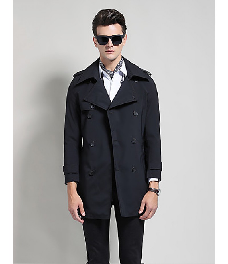 Men's Solid Casual / Work Trench coat,Cotton / Polyester Long Sleeve-Black / Blue / Brown / Yellow