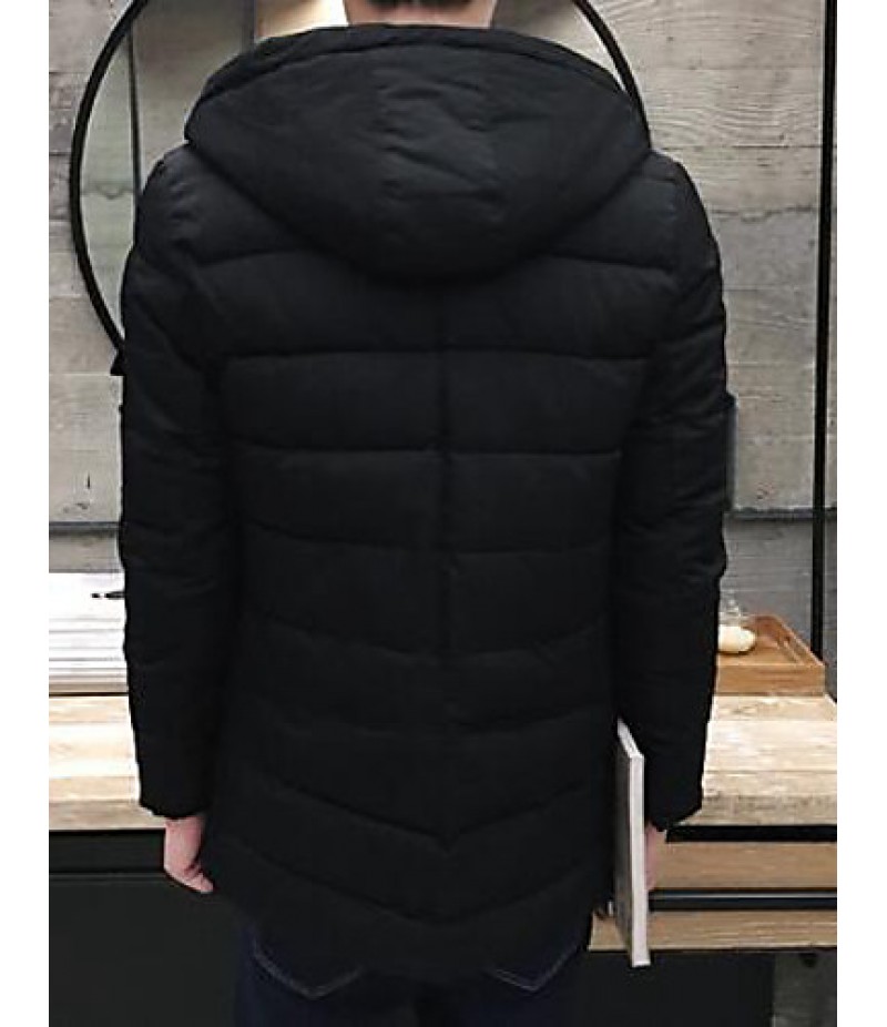 Men's Long Padded Coat,Simple Casual/Daily Solid-Polyester Cotton Long Sleeve Black