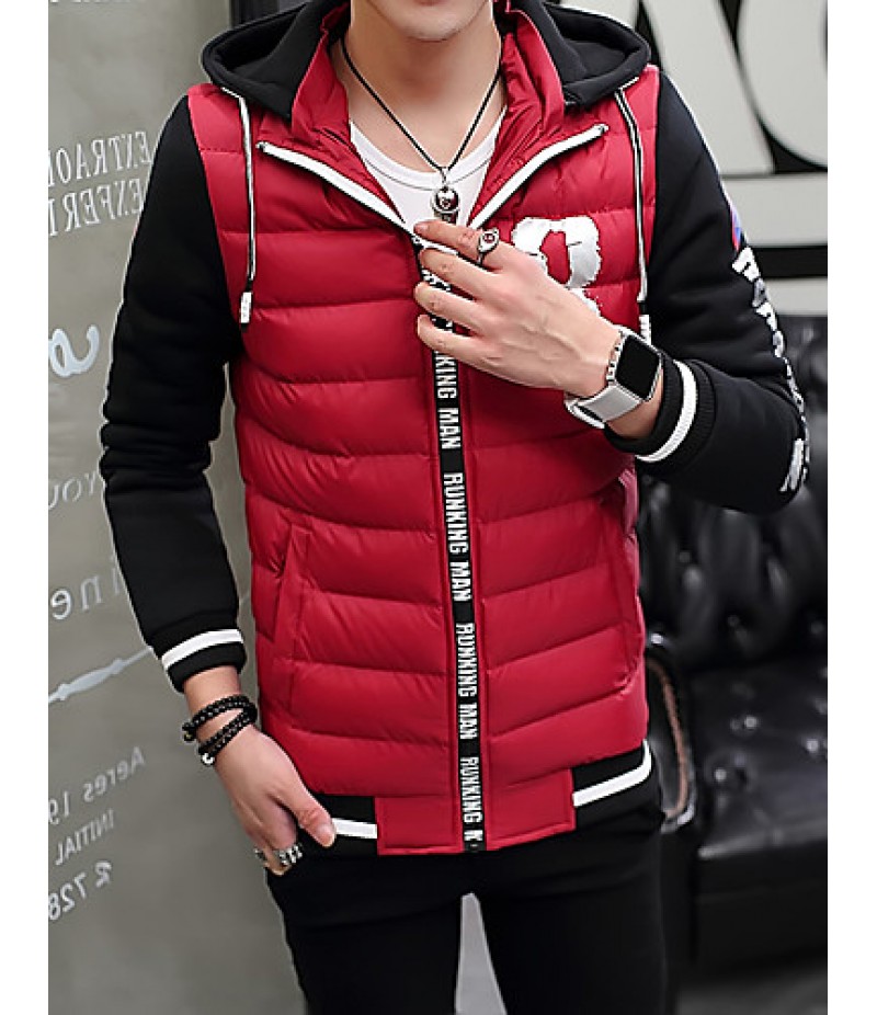 Men's Regular Padded CoatPlus Size / Sports Solid / Color Block / Letter-Cotton / Polyester Polypropylene Long Sleeve Slim Warm Thick