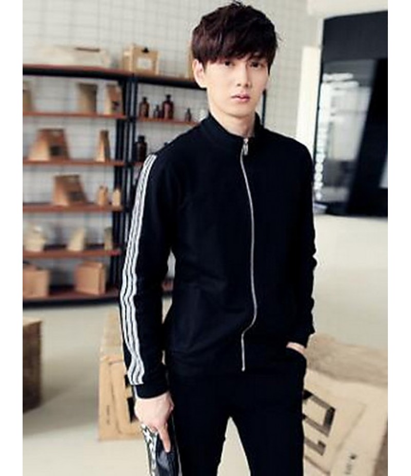 Men's Casual/Daily Simple Regular Hoodies,Striped Black Round Neck Long Sleeve Cotton Fall Medium Micro-elastic