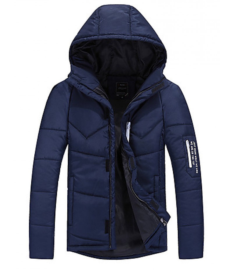 Men's Regular Padded Casual/Daily Solid-Polyester Polypropylene Long Sleeve Hooded Blue / Black