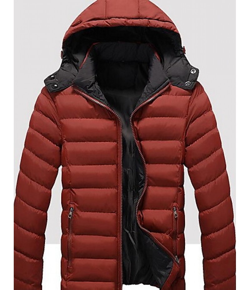 Men's Regular Padded Coat,Simple Casual/Daily Solid-Cotton / Polyester Polypropylene Long Sleeve Hooded Blue / Red / Black / Green