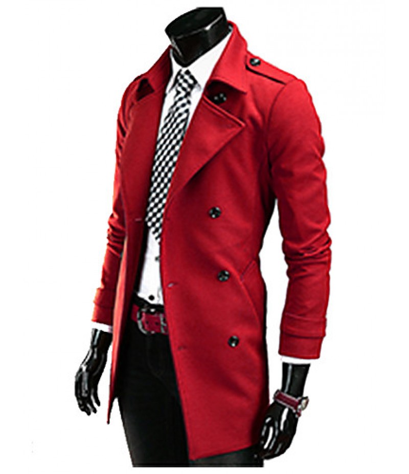 Brand Hight Quality Men's Casual/Daily Simple Trench CoatSolid Stand Long Sleeve Fall / Winter Red / Black / Gray