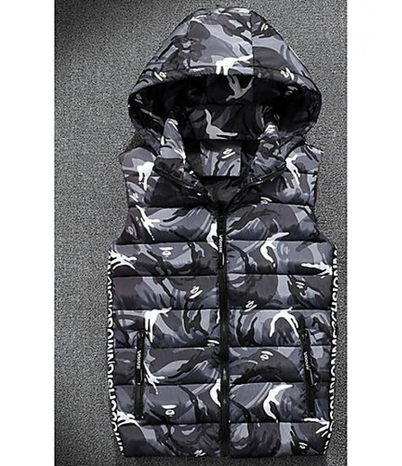 Men's Regular Padded Coat,Simple Casual/Daily Camouflage-Polyester Cotton Sleeveless Hooded Red / Gray / Green