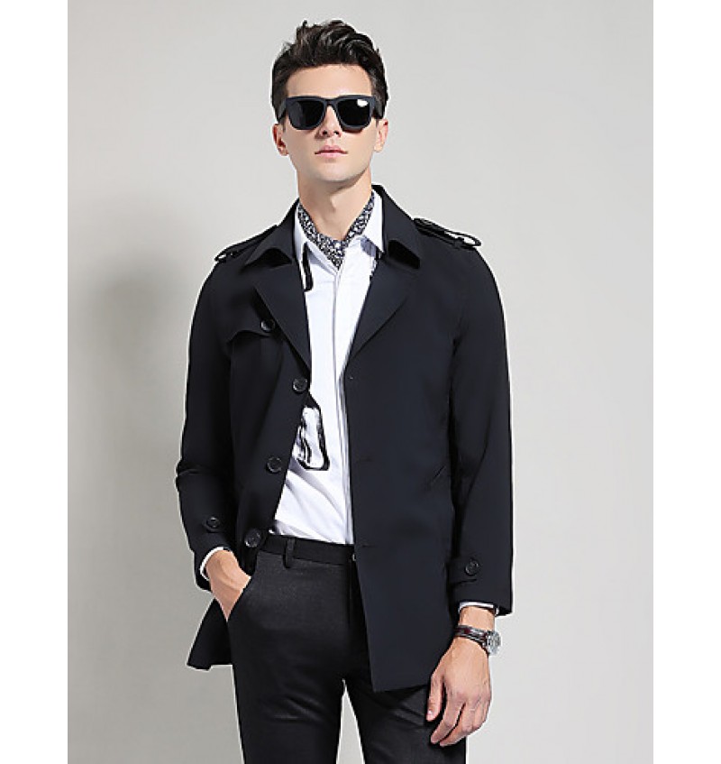 Men's Solid Casual / Work Trench coat,Polyester Long Sleeve-Black / Blue / Yellow