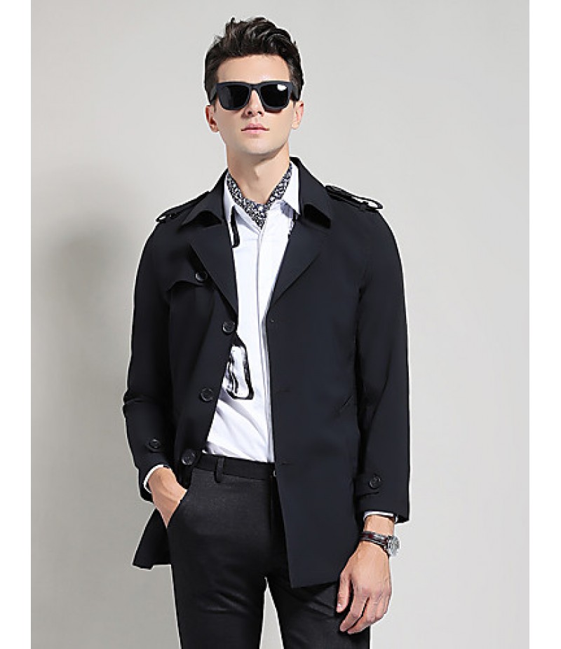 Men's Solid Casual / Work Trench coat,Polyester Long Sleeve-Black / Blue / Yellow