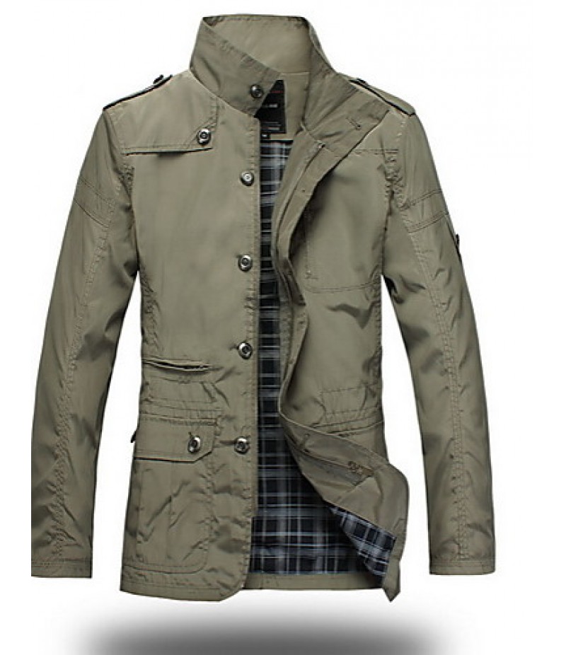 Men's Long Sleeve Regular Trench Coat , Polyester Plaids & Checks Winter Jacket