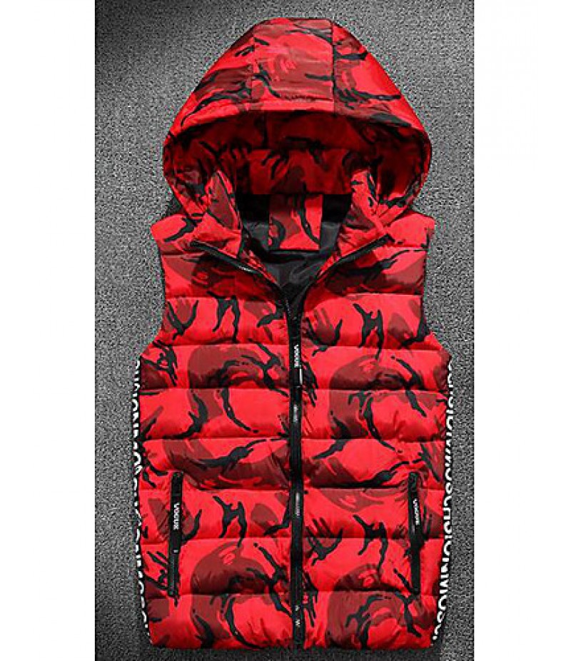 Men's Regular Padded Coat,Simple Casual/Daily Camouflage-Polyester Cotton Sleeveless Hooded Red / Gray / Green