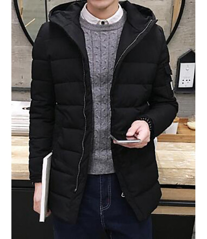 Men's Long Padded Coat,Simple Casual/Daily Solid-Polyester Cotton Long Sleeve Black