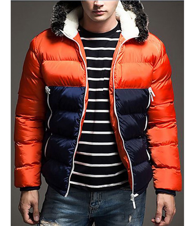 Men's Regular Padded Coat,Polyester / Nylon Patchwork Long Sleeve