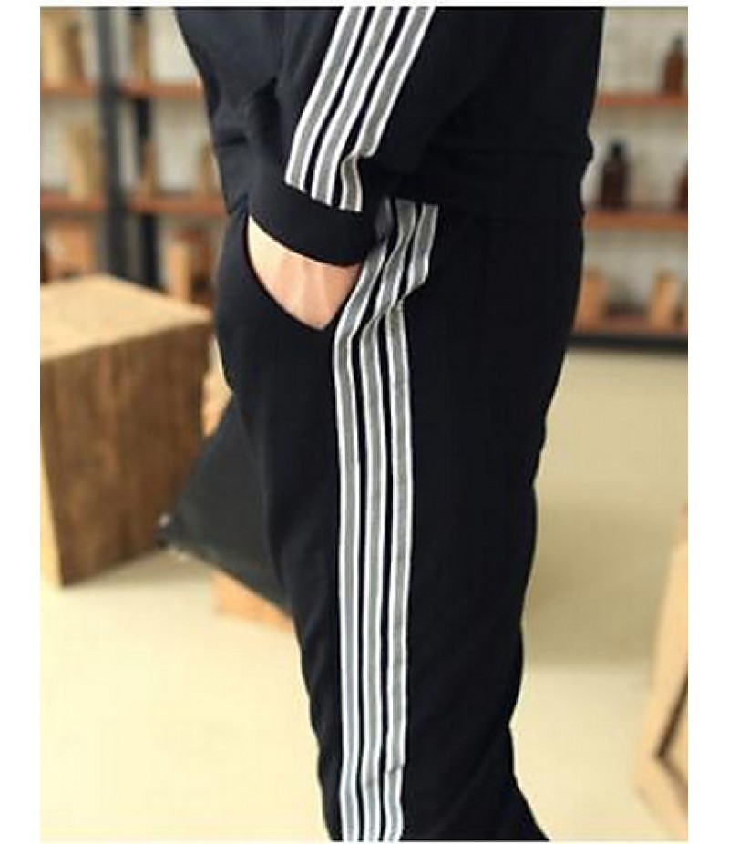 Men's Casual/Daily Simple Regular Hoodies,Striped Black Round Neck Long Sleeve Cotton Fall Medium Micro-elastic