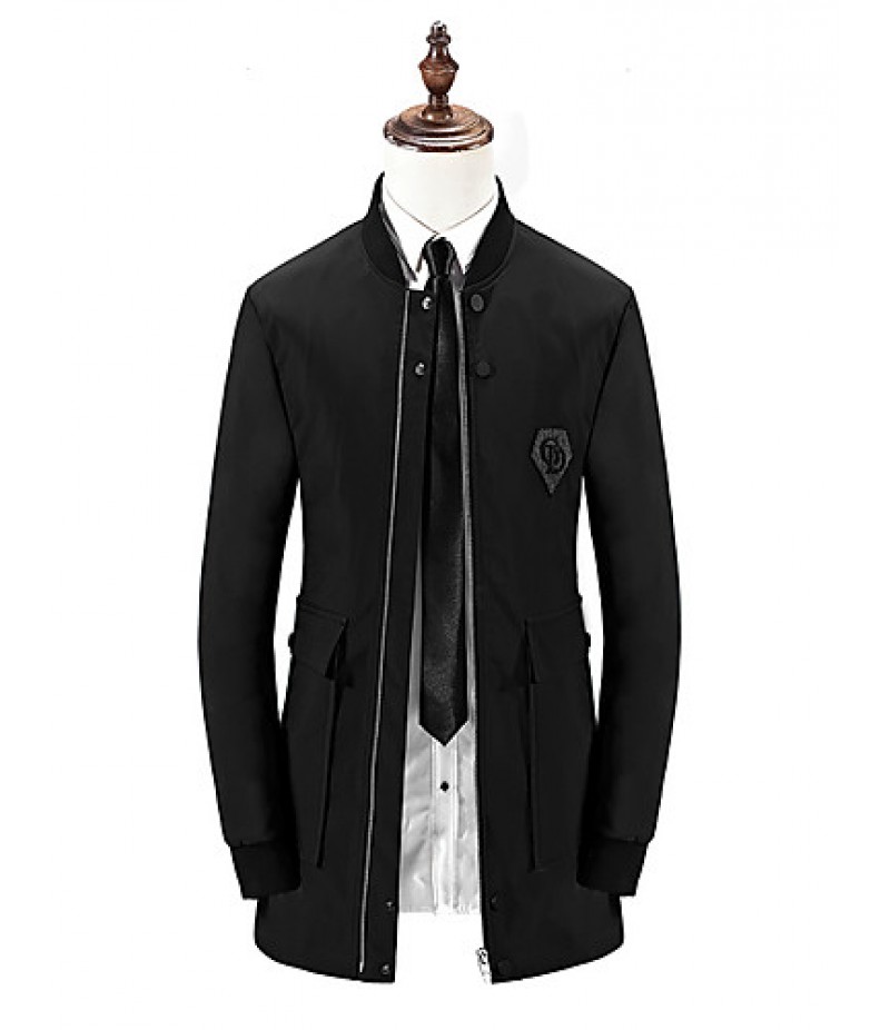 Men's Solid Casual / Formal / Plus Sizes Trench coat,Bamboo Fiber / Polyester Long Sleeve-Black / Blue