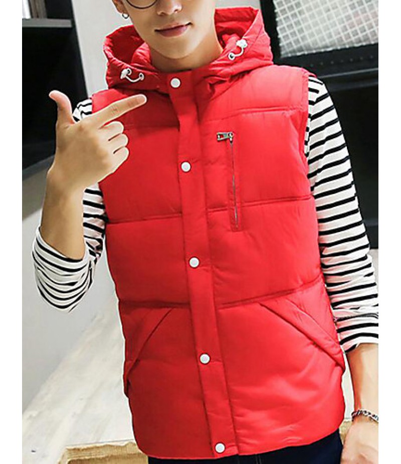 Men's Casual/Daily Simple Coat,Solid Sleeveless Winter Blue / Red / White / Black Polyester