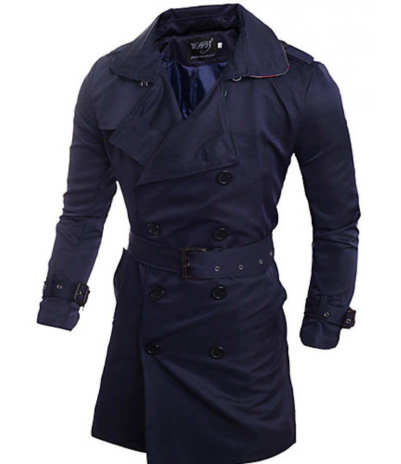 Men's Solid Casual Trench coat,Others Long Sleeve-Blue / White